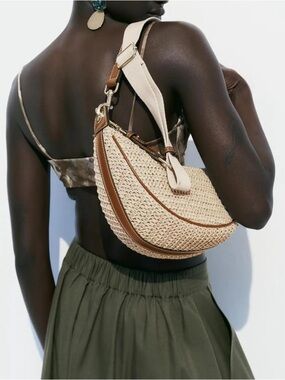 Zara Cream Woven Crescent Shoulder Bag with Brown Trim